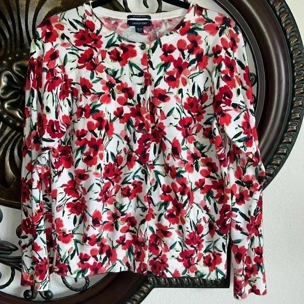 Land’s End Women’s Crewneck Cardigan Red Green Black Pink Floral Size M/P 10-12 - Picture 2 of 13